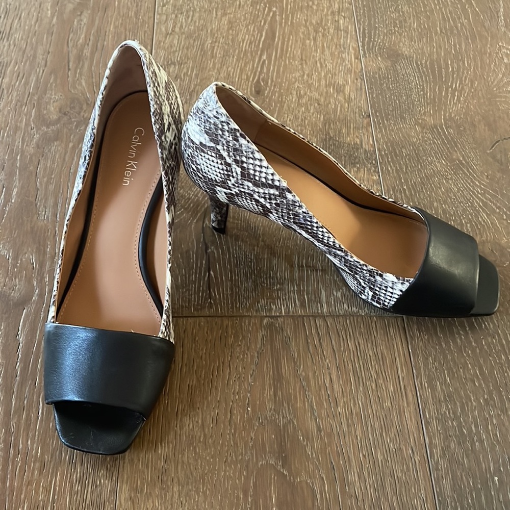 Calvin Klein Snakeskin Peep Toe Pumps